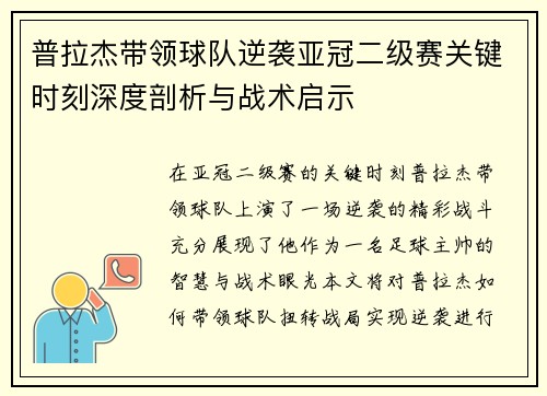 普拉杰带领球队逆袭亚冠二级赛关键时刻深度剖析与战术启示